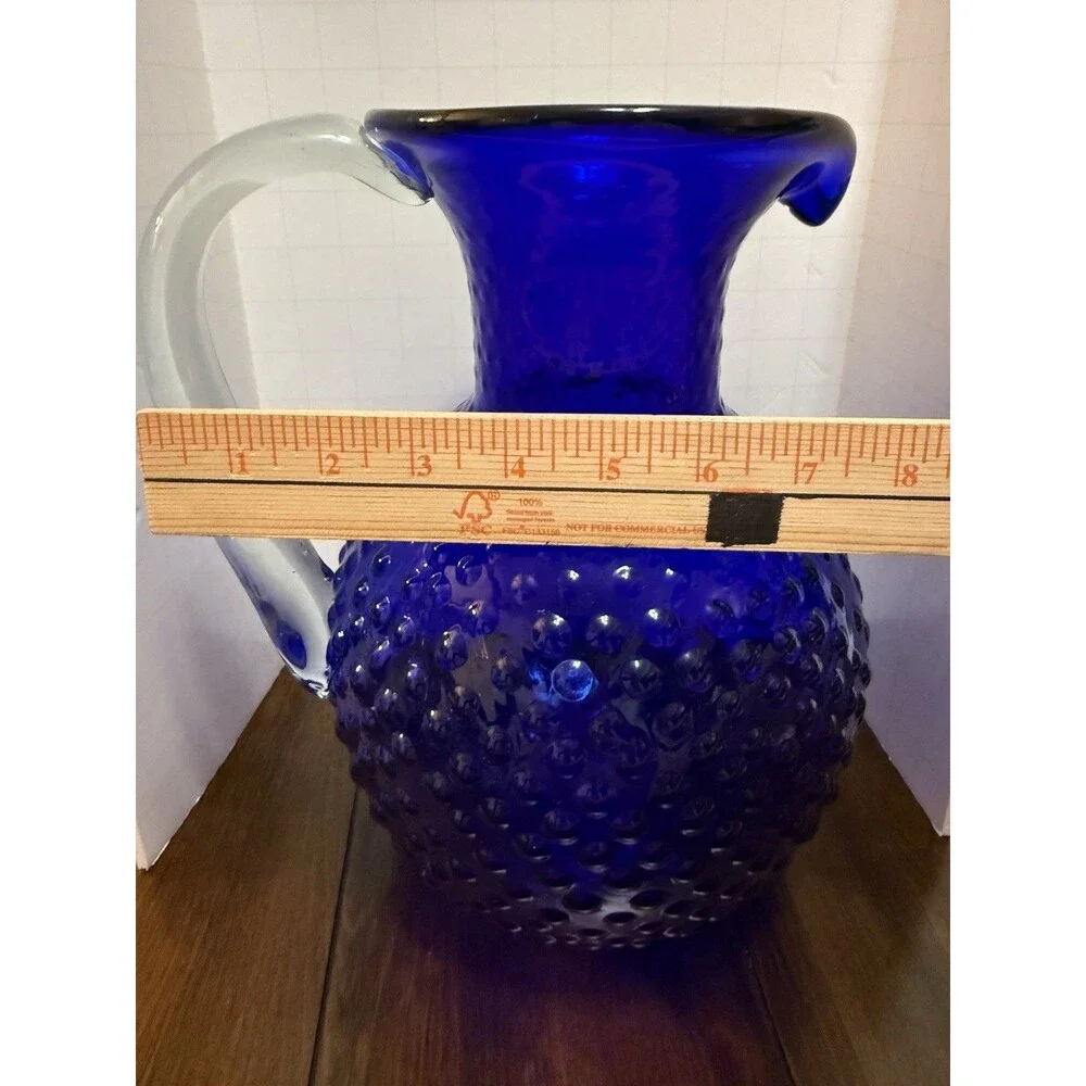 Vintage Colbalt Blue Hobnail Hand Blown Large Glass Pitcher